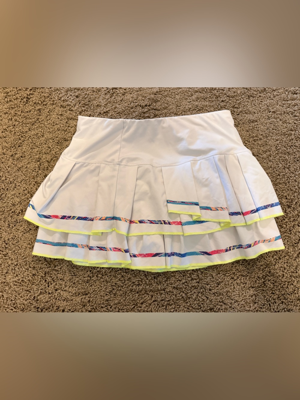 Lucky in Love White Pleated Tennis Skirt with Neon Yellow & Multicolor Trim